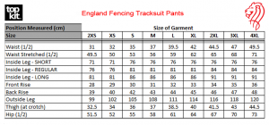 England fencing tracksuit pants sizes